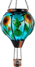 Hummingbird and Sunflower Solar Hot Air Balloon Lantern with Flame, Glass Hot Air Balloon Solar Lantern Outdoor Waterproof, Hanging Solar Lantern for Outside Garden Patio Tree Porch Yard