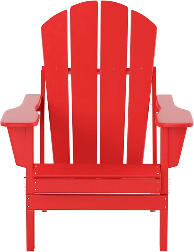 WO Home Furniture Adirondack Chair Table Set of 2 PCS Outdoor Folding Chair w Side Table Weather/UV Resistant for Lawn, Garden, Bon Fire, Balcony (Red)