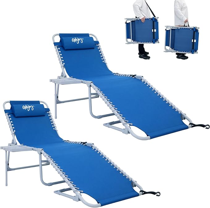 #WEJOY 2 PCS Lounge with Side Table for Outdoor 5-Position Adjustable Recliner Chair for Beach Sunbathing Patio Pool Lawn Lay Flat Portable Camp Reclining Chair with Shoulder Strap Side Pocket