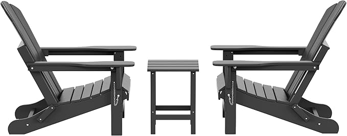 WO Home Furniture Adirondack Chairs Table Set of 3 PCS Outdoor Folding Chairs Side End Table Weather/UV Resistant for Lawn, Garden, Bon Fire, Balcony (Grey)