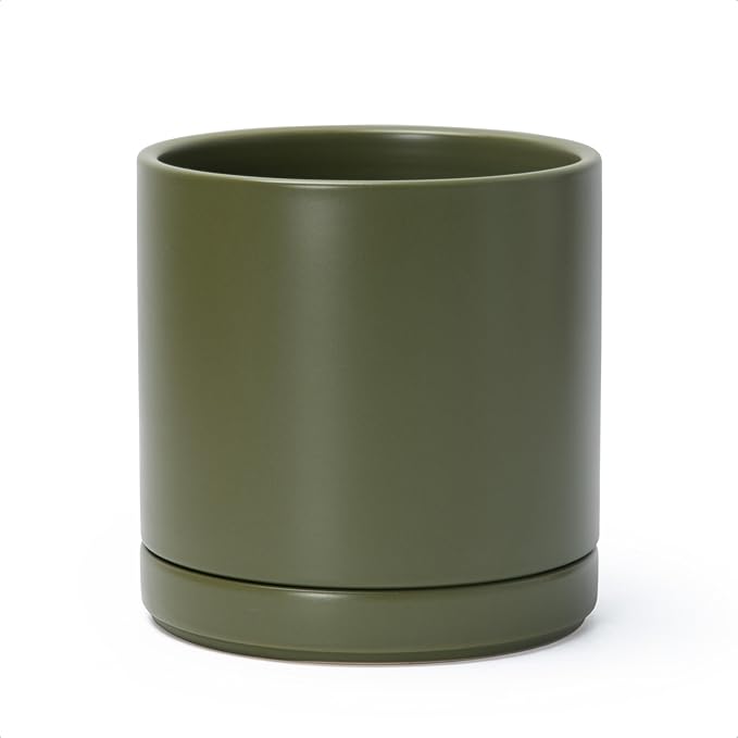 D'vine Dev 8 Inch Ceramic Planter Pot with Drainage Hole and Saucer, Indoor Cylinder Round Planter Pot, Olive, 94-O-D-J