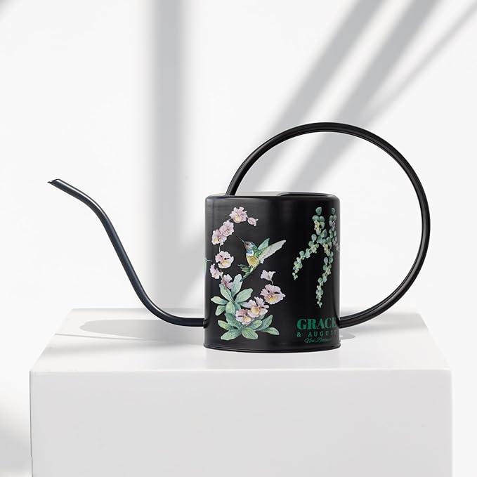 Watering Can for Indoor House Plants - Cute Decorative Metal Gardening Small Water Can for Houseplants & Flowers with Long Spout - 1.5L 51floz 0.4 Gallon (Hummingbird Black)
