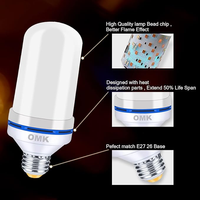 OMK Christmas Flame Effect Light Bulbs LED (6 Pack) Fire Light Bulb Flickering Light Bulbs for Porch Yard Outdoor Fake Fire Party Holiday Christmas Gifts Spooky Attractions Decoration