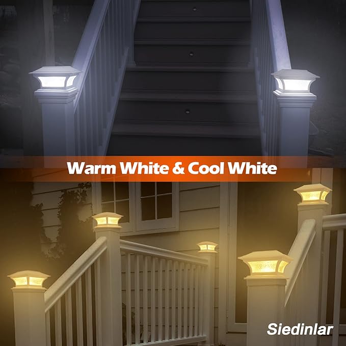 SIEDiNLAR Solar Post Lights Outdoor Glass LED Fence Cap Light 2 Modes for 4x4 5x5 6x6 Posts Deck Patio Garden Decoration Warm White/Cool White Lighting White (4 Pack)
