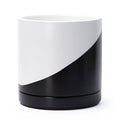 D'vine Dev 10 Inch Ceramic Planter Pot with Drainage Hole and Saucer, Indoor Cylinder Round Planter Pot, Oblique Monochrome Black and White, 94-O-E-K