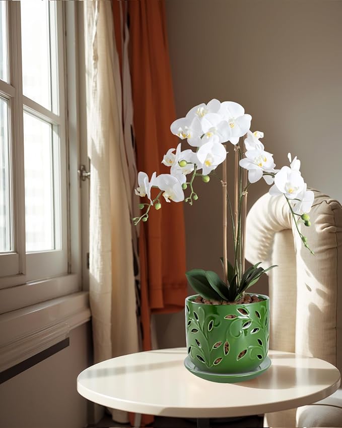 EFISPSS Orchid Pot with Holes, 5+6Inch Ceramic Plant Pots with Drainage Holes and Tray, Promoting Air Circulation and Drainage, Indoor/Outdoor Flower Pots-Green