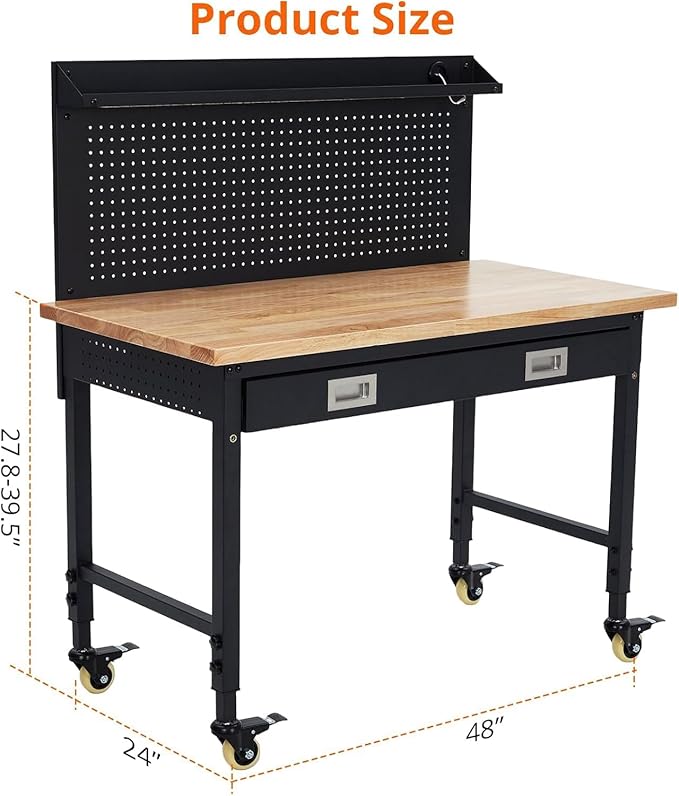 48'' Adjustable Workbench on Wheels, 2000LBS Heavy Duty Worktable with Power Outlets & Drawers & Pegboard, Rubberwood Workstation for Workshop, Garage, Office, Home