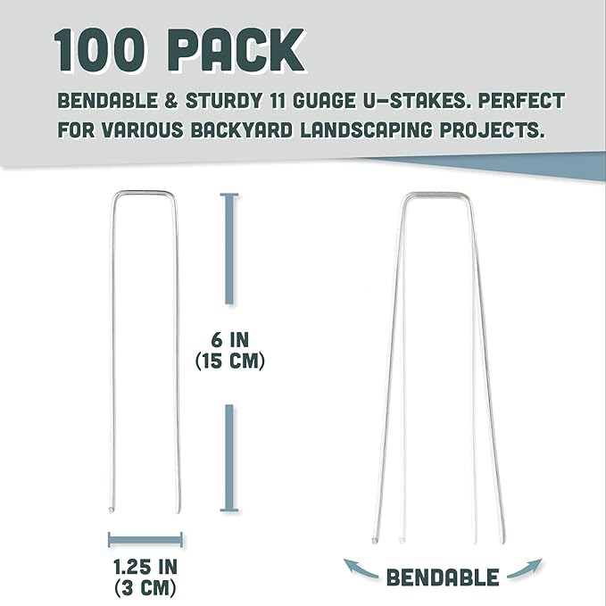 Squirrel Products U Shape Garden Stakes Metal, 6 Inch Landscaping Staples, 11 Gauge Stakes for Landscaping Fabric, 2.9mm 15x2.5x15cm – 100 Pack