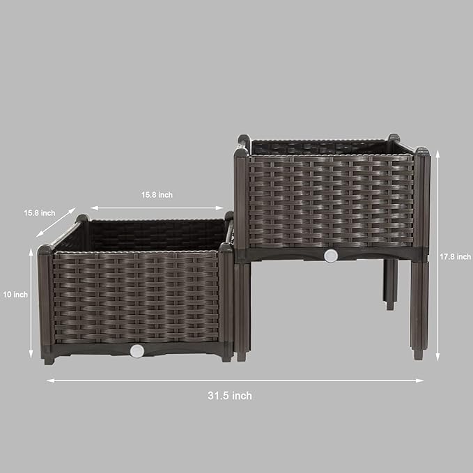 Barton 2 Pieces Raised Garden Bed Brown Plastic w/Self-Watering Design Outdoor Elevated Planter Box Kit Wheels Mobile