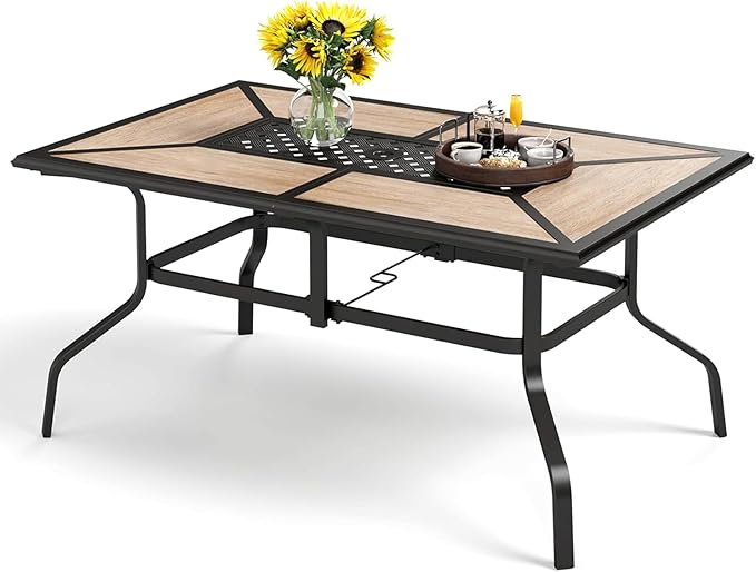 PHI VILLA Outdoor Dining Table for 6, Rectangular Metal Wrought Iron Table with Polywood Tabletop and Umbrella Hole, Large Heavy-Duty Furniture for Patio, Deck, Yard, Porch