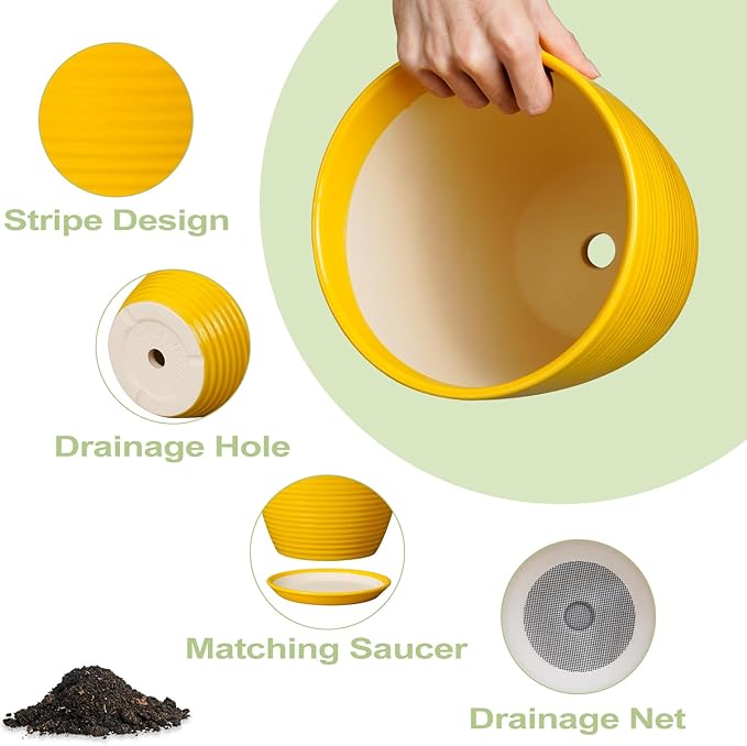 10 Inch Plant Pot - Ceramic Pot for Plants Outdoor Planter for Indoor Plants Large Plant Pot with Drainage Hole and Saucer Round Flower Pot for Home Patio Office Yellow