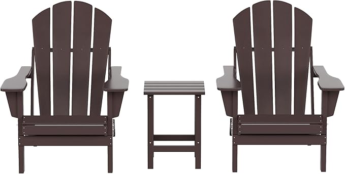 WO Home Furniture Adirondack Chairs Table Set of 3 PCS Outdoor Folding Chairs Side End Table Weather/UV Resistant for Lawn, Garden, Bon Fire, Balcony (Dark Brown)