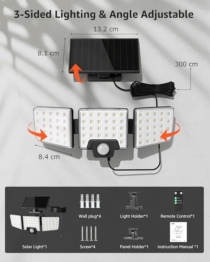 Lepro Solar Security Lights - Outdoor Motion Sensor, 2 in 1 Remote Control, IP65 Waterproof, 2 Light Modes, 3 Heads Solar Floodlight for Garden, Yard, Garage