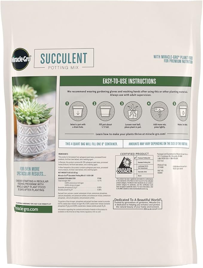 Miracle-Gro Succulent Potting Mix - Fertilized Soil with Premium Nutrition for Indoor Succulents, 4 qt. (2-Pack)