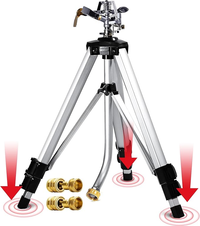YAMATIC Impact Sprinkler on Adjustable Tripod Base, 360 Degree Large Area, with 3/4" Thread Quick Connect Fittings, Heavy Duty Pulsator Sprinkler for Lawn Yard and Grass, Spray up to 20-90ft (36inch)