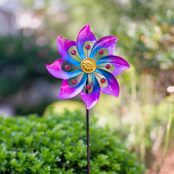 VEWOGARDEN Garden Metal Flower Wind Spinners Outdoor, Kinetic Wind Sculptures & Spinners for Yard Lawn Patio Decorations, Blue-Purple