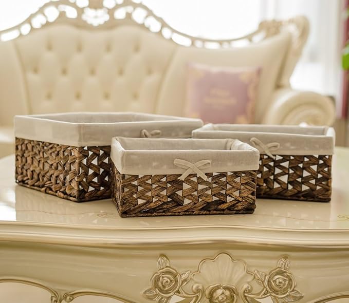 Rectangular Woven Seagrass Storage Bins with Handle,Kingwillow. (water hyacinth, Small)