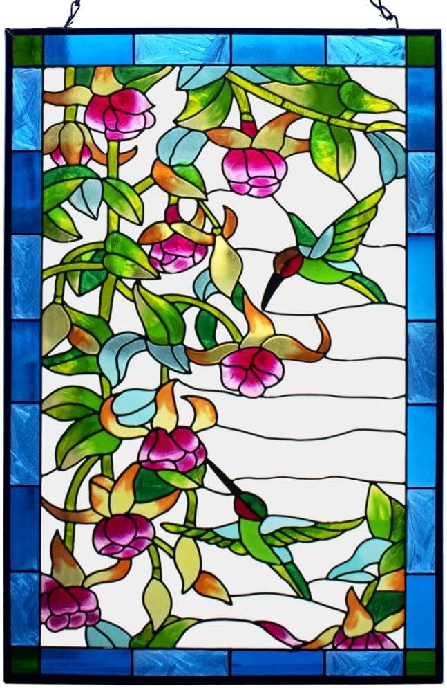 VEWOGARDEN Hummingbird Stained Glass Window Hangings, Bird Suncatcher Panel with Metal Chain for Windows Decor Indoor Outdoor (W10xH15 inch)