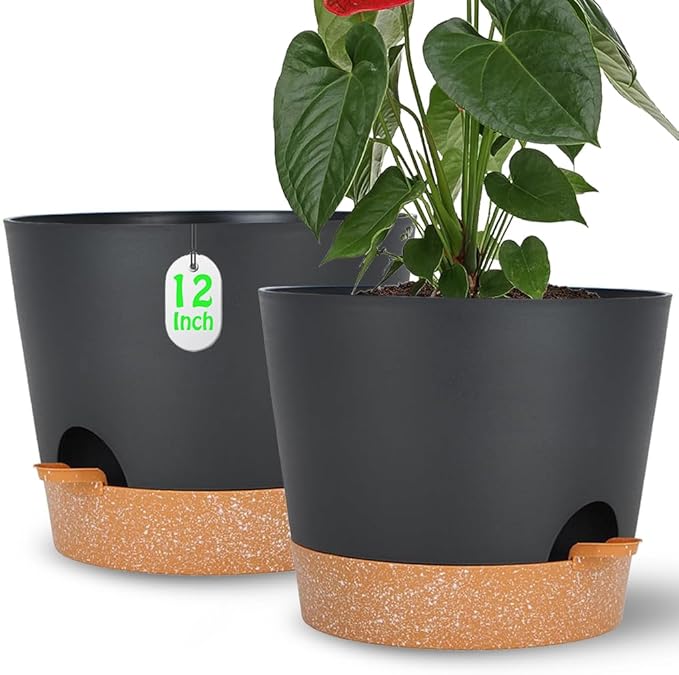 Plant Pots Self Watering Planters with Drainage Hole and Reservoir Large Flower Planting Pots for Indoor Outdoor Plants Plastic Succulent Pot Gift Idea 2 * 12Inch