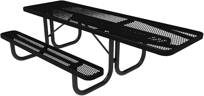 Coated Outdoor Furniture Heavy-Duty Portable ADA-Compliant Outdoor Picnic Table, Expanded Metal Patio Dining Furniture Made in America (8ft Rectangular, One-Side Handicap, Textured Black)