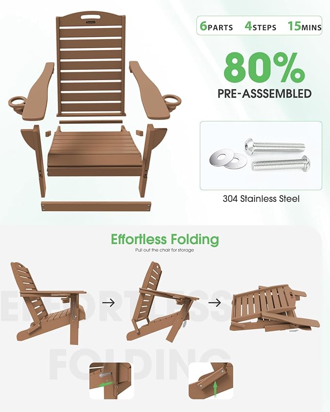 Adirondack Chairs Set of 2, Outdoor Fire Pit Chairs, HDPE All-Weather Adirondack Chairs with Cup Holder, Lawn Chair for Deck, Patio, Garden (Teak)