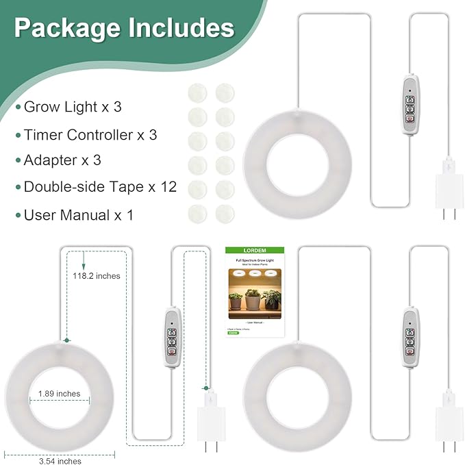 LORDEM Grow Light for Indoor Plants, 48 LEDs Ceiling Full Spectrum Plant Light, 5V Corded Growing Lamp with 4/8/12H Auto Switch, 4 Dimmable Brightness Levels, Single-Head, 3 Pack