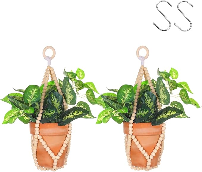 Artilady 2 Pack Beaded Plant Hanger Indoor - Macrame Hanging Planters for Plants Holder No Tassels with Wooden Beads Boho Farmhouse Rustic Home Decor