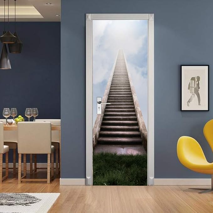 3D Door Stickers Murals - Stairs - Peel and Stick - Waterproof & Washable - Matt Finish - Modern Style - White - 33.9" x 78.7"