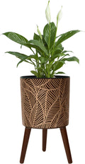 12inch Black Plant Pots for Indoor Plants Large Boho Flower Pot with Stand Modern Planters with Gold Floral Embossed Standing Planter with Drainage for Living Room, Office, Garden or Balcony
