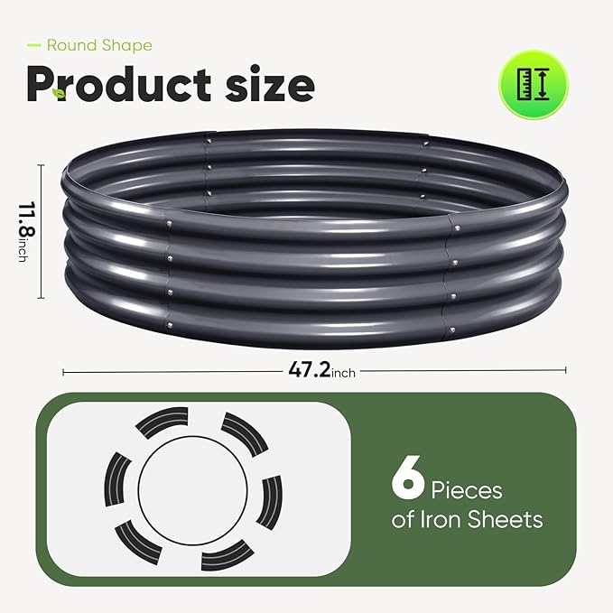 KING BIRD Raised Garden Bed Galvanized Round Planter Box Outdoor for Gardening, Plants, Vegetables, Flowers, Dark Grey, 47x47x12 in 2 Packs