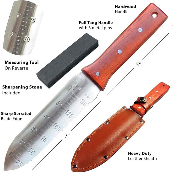 Black Iron Hori Hori Garden Knife [7 Inches, Japanese Stainless Steel] Durable Gardening Tool for Weeding, Digging, Cutting & Planting with Leather Sheath and Sharpening Stone