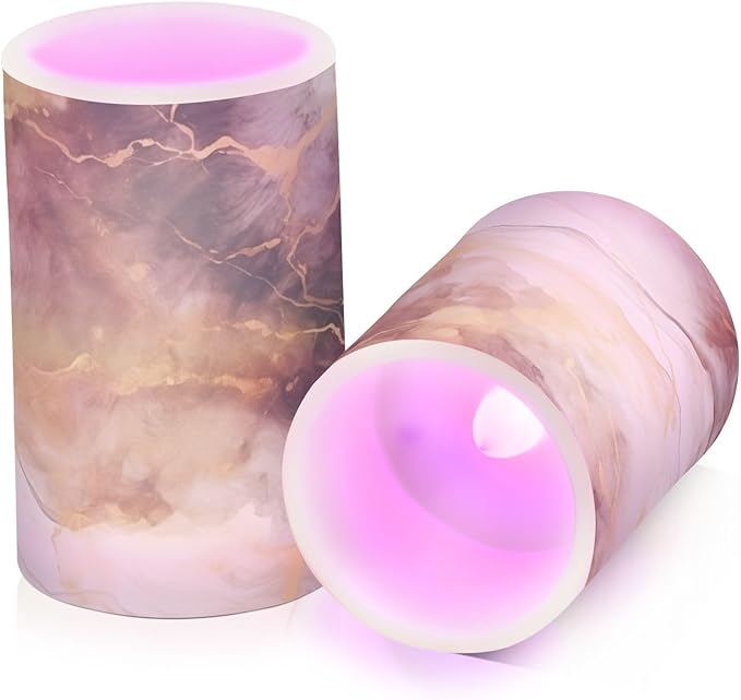 Flickering Flameless Candles, Brown White Marble LED Candles with Remote Timer, Set of 2 Battery Operated Candle for Valentine Wedding Birthday