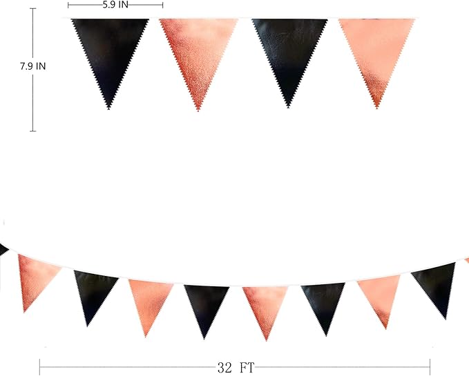 Black Rose Gold Party Decorations Triangle Pennant Banner Flag Rose Gold Black Metallic Fabric Bunting Garland for Graduation Birthday Wedding Engagement Bachelorette Celebration Hen Party Supplies