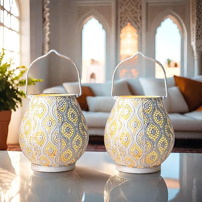 TRIROCKS Set of 2 Moroccan Decorative Lamps 8'' High Battery Powered Cordless Lamp Metal Table Lamps with Fairy Lights Bulb for Home Living Room Garden Yard Party Events Tabletop Indoor Outdoor(White)