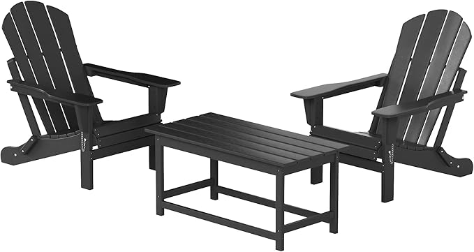 WO Home Furniture Adirondack Chairs Table Set of 3 PCS Outdoor Folding Chairs Coffee Table Weather/UV Resistant for Lawn, Garden, Bon Fire, Balcony (Gray)