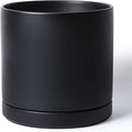 D'vine Dev 12 Inch Ceramic Planter Pot with Drainage Hole and Saucer, Indoor Cylinder Round Planter Pot, Black, 94-O-F-2