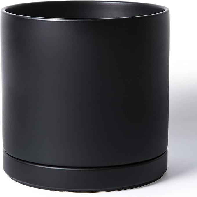 D'vine Dev 12 Inch Ceramic Planter Pot with Drainage Hole and Saucer, Indoor Cylinder Round Planter Pot, Black, 94-O-F-2