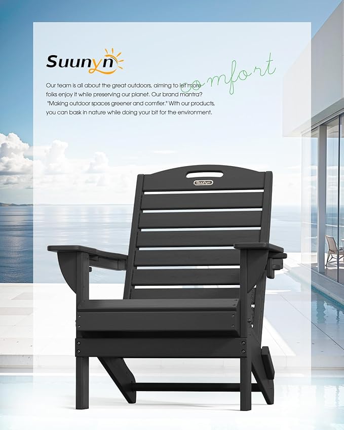 Adirondack Chairs Set of 2, Outdoor Fire Pit Chairs, HDPE All-Weather Adirondack Chairs with Cup Holder, Lawn Chair for Deck, Patio, Garden (Black)
