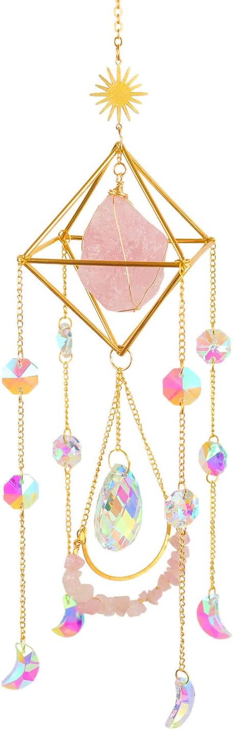 Crystal Suncatcher Rose Quartz, Spiritual, Sun Catcher Hanging for Windows, Rainbow Maker, Crystal Indoor Garden Home Decor, Natural Gemstone Boho Decor (Rose Quartz)