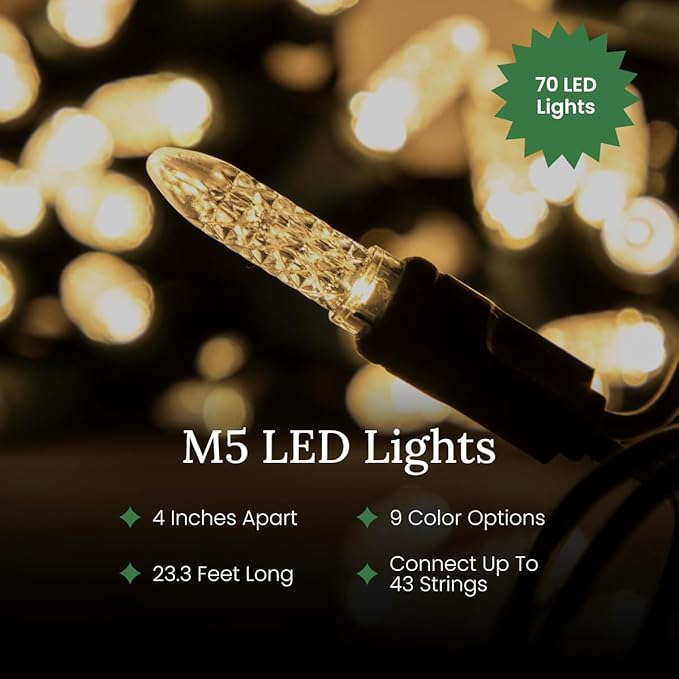 Pro Christmas M5 LED Holiday Lights - 70 Bulbs, 23.3ft - Professional Grade Indoor Outdoor Diamond Cut Sparkle Light Strings for Home Decorations and Christmas Trees - Red