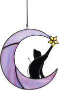 HDCRYSTALGIFTS 6.5'' Black Cat Decor on Purple Moon Stained Glass Window Hanging Suncatcher,Wall Art Glass Window Panel Sun Catcher,Halloween Ornament Decoration Memorial Gift for Lover Cat Loss