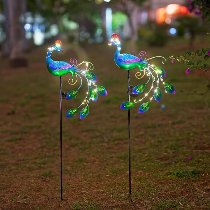 DREAMSOUL 2 Pack Peacock Solar Lights Outdoor Waterproof, Metal Outdoor Solar Lights for Yard Garden Peacock Decor