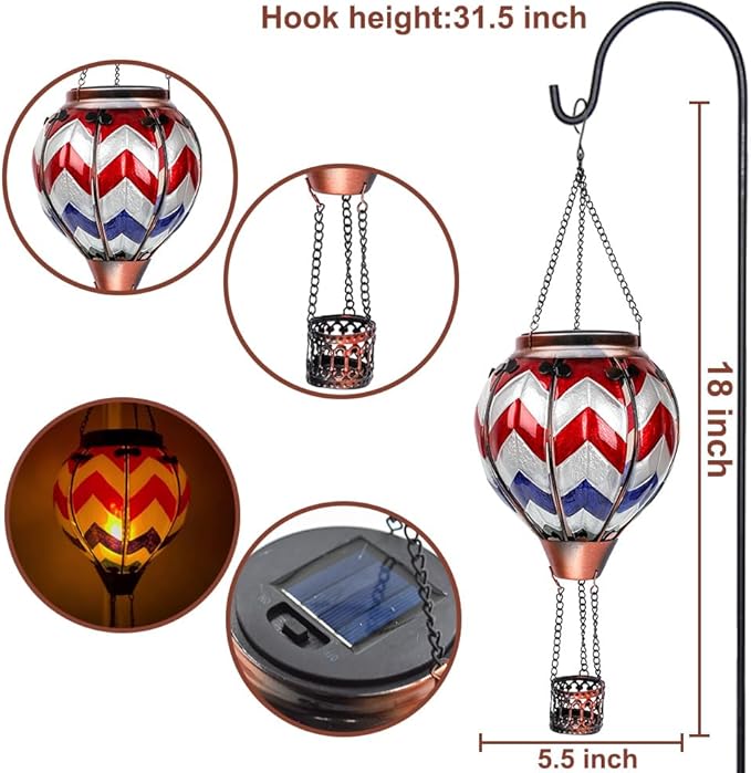 2PCS Solar Hot Air Balloon Lanterns with Flame with Shepherd's Hooks, Glass Hanging Flickering Lights Outdoor Waterproof for Garden Tree Yard Patio Mother's Day Gift, 18" H Wavy