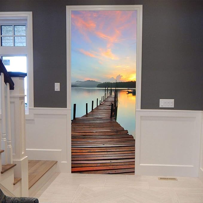 3D Door Stickers Murals - PIER - Peel & Stick - Waterproof & Washable - Matt Finish - Realistic Blue - 35.4" x 78.7"