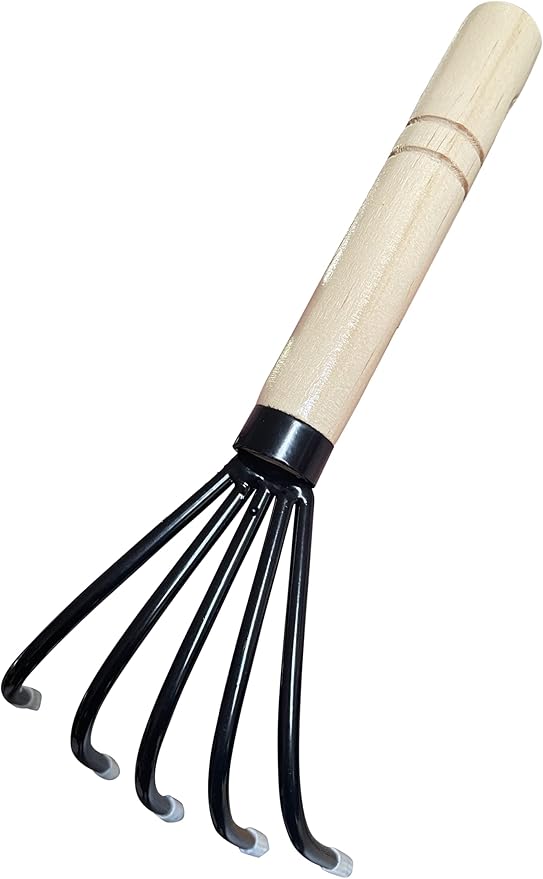 Garden Guru Hand Rake Cultivator Claw Soil Tiller - Military Grade Steel - Rust Resistant - 5 Tine Japanese Ninja Claw - Comfortable Wood Handle - Perfect Pulverized and Aerated Soil