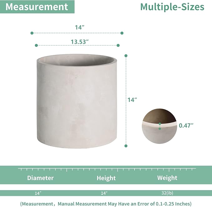Mozing Cement Plant Pots Indoor - 14 inch Concrete Planter Pot for Planting - Modern Stone Clay Flower Pot with Drainage Hole for Garden, Home, Office Decor, Grey