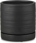 6 Inch Plant Pots, Ceramic Planter Pot with Drainage Hole & Saucer, Indoor/Outdoor Cylinder Round Planter Pot, Matte Black