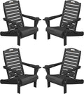Adirondack Chairs Set of 4, Outdoor Fire Pit Chairs, HDPE All-Weather Adirondack Chairs with Cup Holder, Lawn Chair for Deck, Patio, Garden (Black)