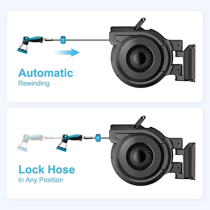 Retractable Garden Hose Reel - 5/8 inch x 80 ft Wall Mounted Hose Reel with 10 Pattern Nozzle & Any Length Lock, Heavy Duty Water Hose Supports Automatic Rewind & 180° Swivel, Black
