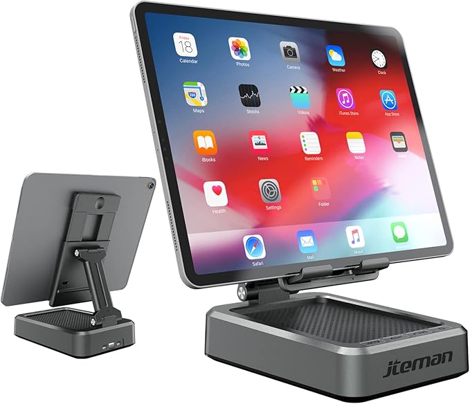 Jteman Wireless Bluetooth Speaker Tablet Stand, Adjustable with Bluetooth Speakers,Gifts for Women Men,Kitchen Gadget for Men,Compatible with Phones and Tablet (4.0-12.9'') - Graphite